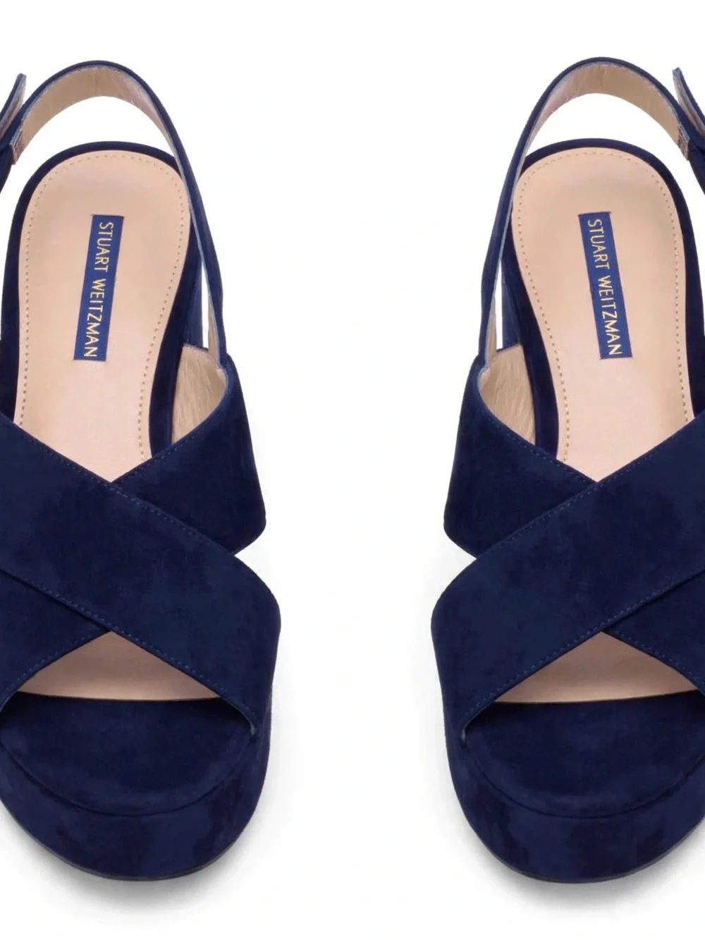 Stuart Weitzman Navy Suede Platform Block Heel Sandals.